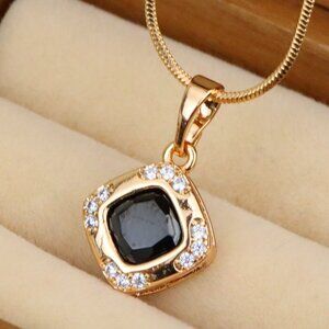 "Gold Plated Black Cushion Pendant with Crystal Halo – Bold Modern Look,XPPT1766
